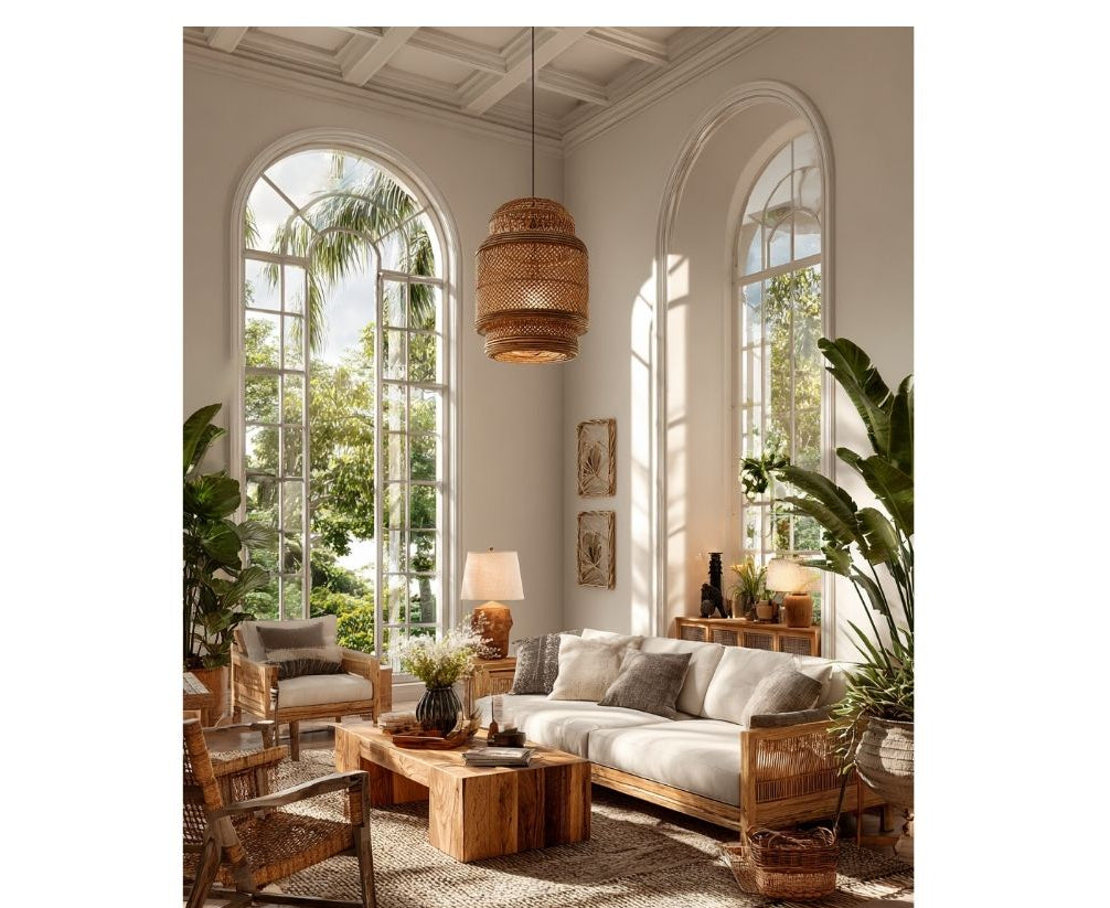 Living room with wooden furniture, plants, and large windows.