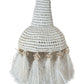 Decorative hanging lamp with woven design and tassels on a white background
