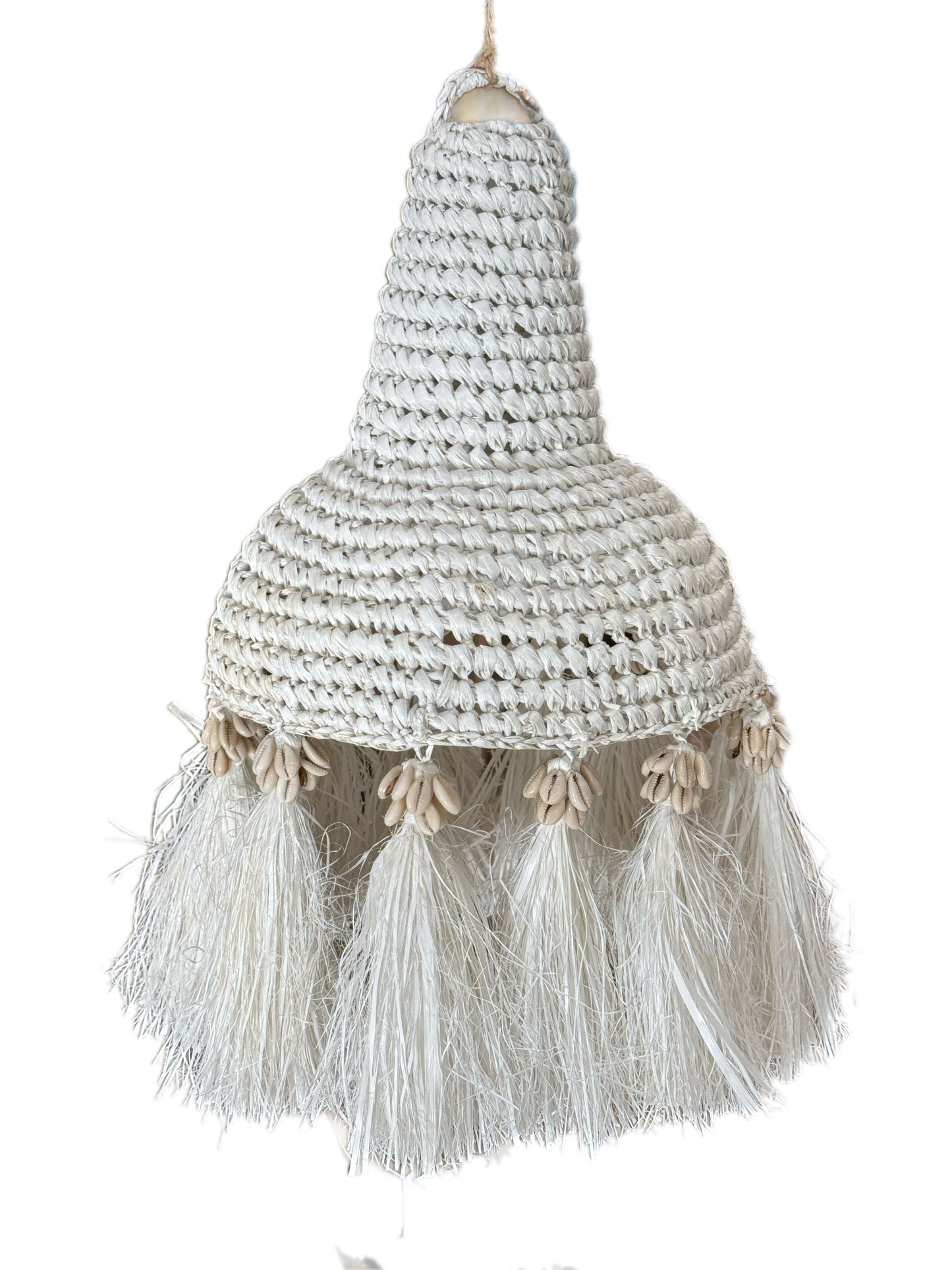 Decorative hanging lamp with woven design and tassels on a white background