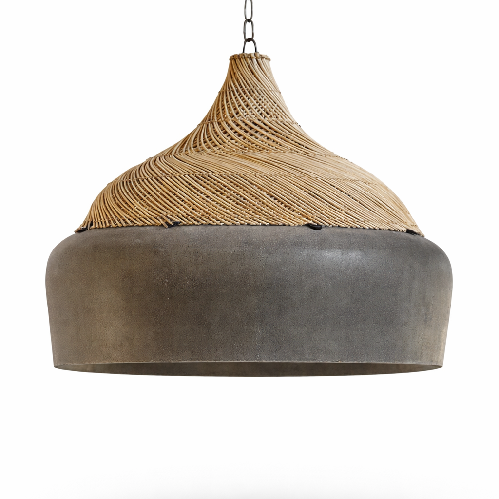 Pendant light with woven top and concrete base on a white background