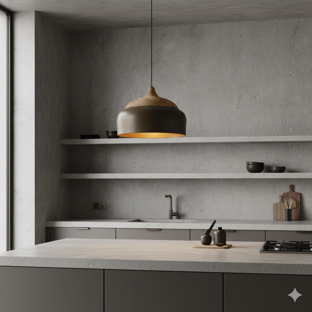 Modern kitchen with concrete walls, pendant light, and minimal decor.