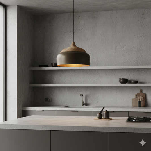 Modern kitchen with concrete walls, pendant light, and minimal decor.