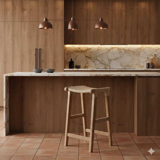 Modern kitchen with wooden cabinets, marble countertop, and a stool.