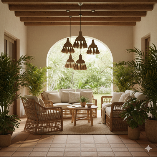 Cozy outdoor patio with wicker furniture, plants, and hanging lights.
