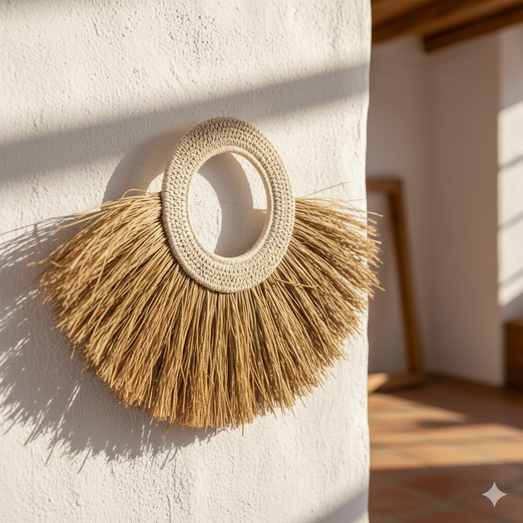 Decorative wall hanging with circular design and frayed edges on a textured wall.