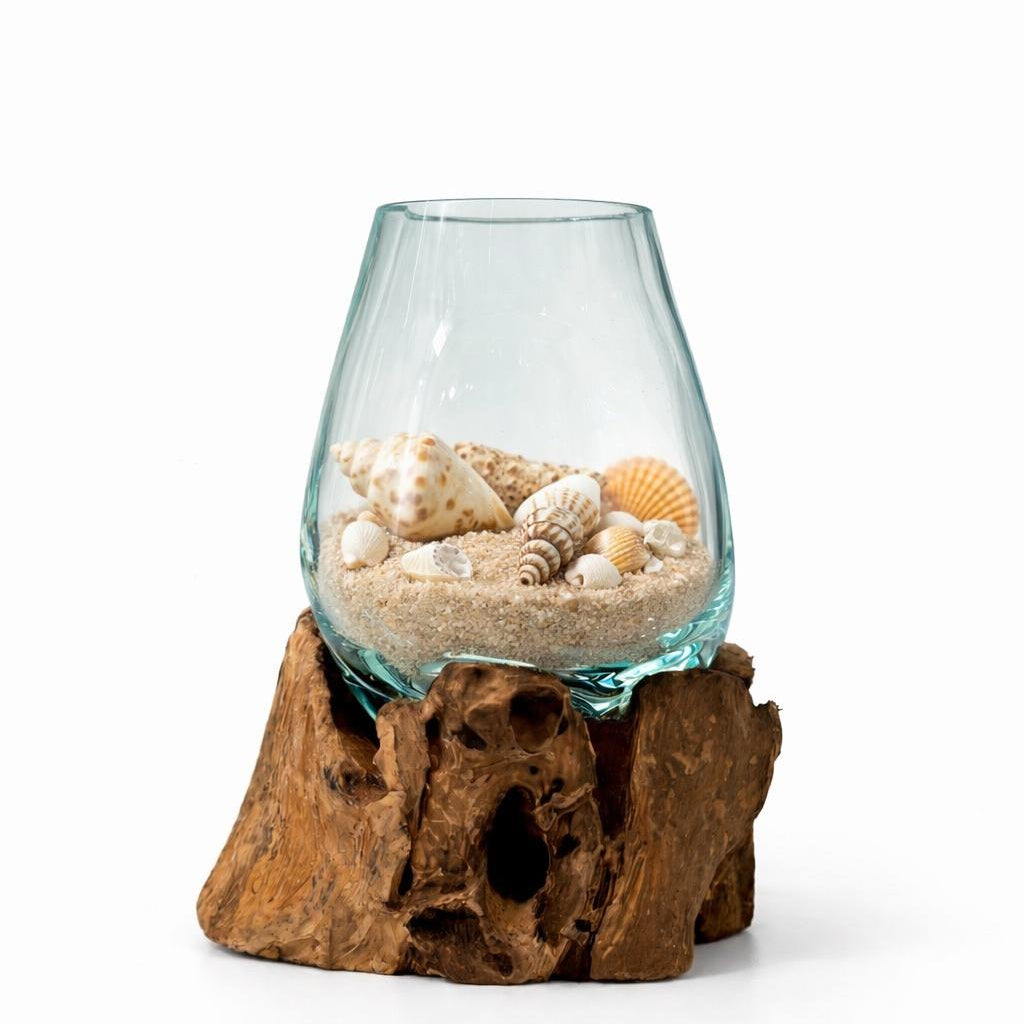 Handblown Glass Bowl on Natural Driftwood – One of a Kind Organic Decor | Nusa