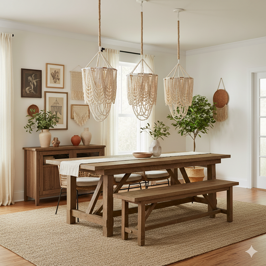 Dining room with wooden table and bench, decorative lights, and plants.