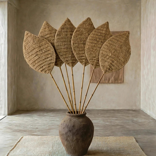 Handmade Oval Seagrass Leaf – Natural Woven Wall or Floor Accent with Bamboo Stem