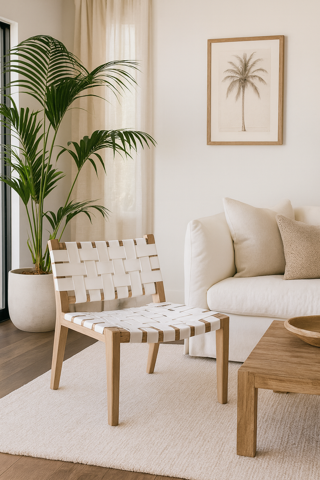 Living room with a woven chair, white sofa, and palm plant.