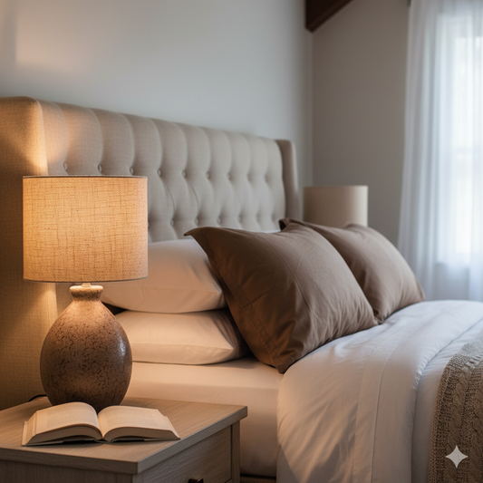 Bedroom scene with a bed, lamp, and open book on a nightstand.