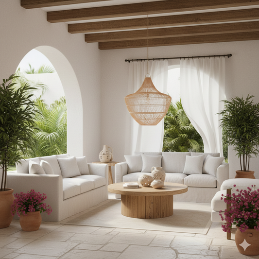 Modern living room with white sofas, wooden coffee table, and decorative plants.