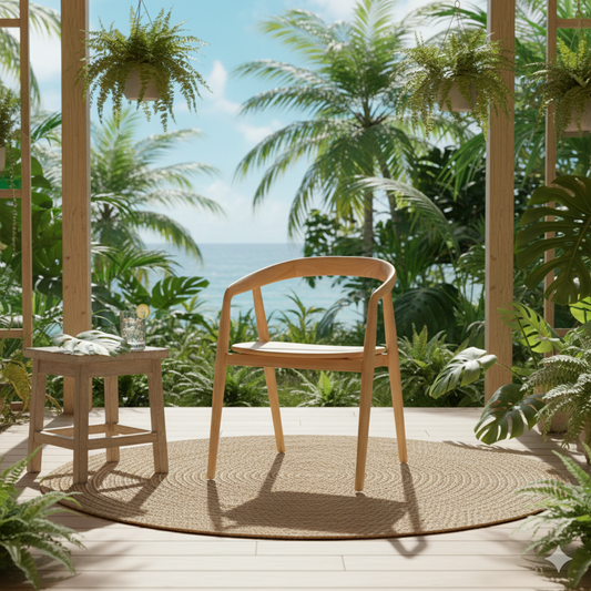 Nautical-themed room with wooden chair, small table, and potted plants with a view of the ocean.