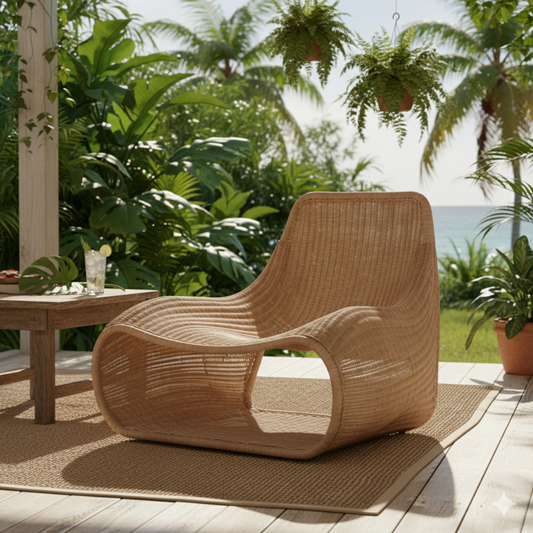 Woven chair on a wooden deck with plants and a table in the background