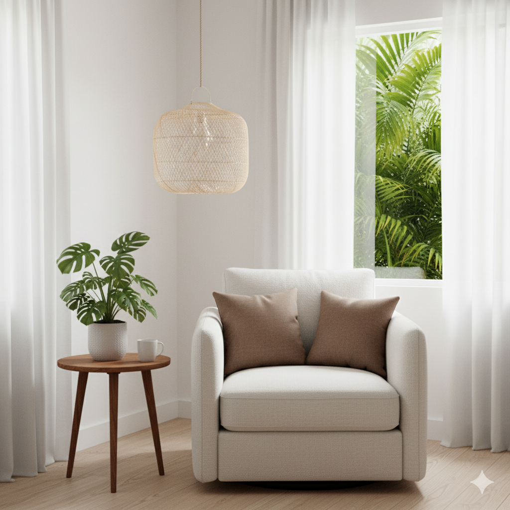 Modern living room with a beige armchair, wooden side table, and potted plant.