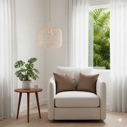 Modern living room with a beige armchair, wooden side table, and potted plant.