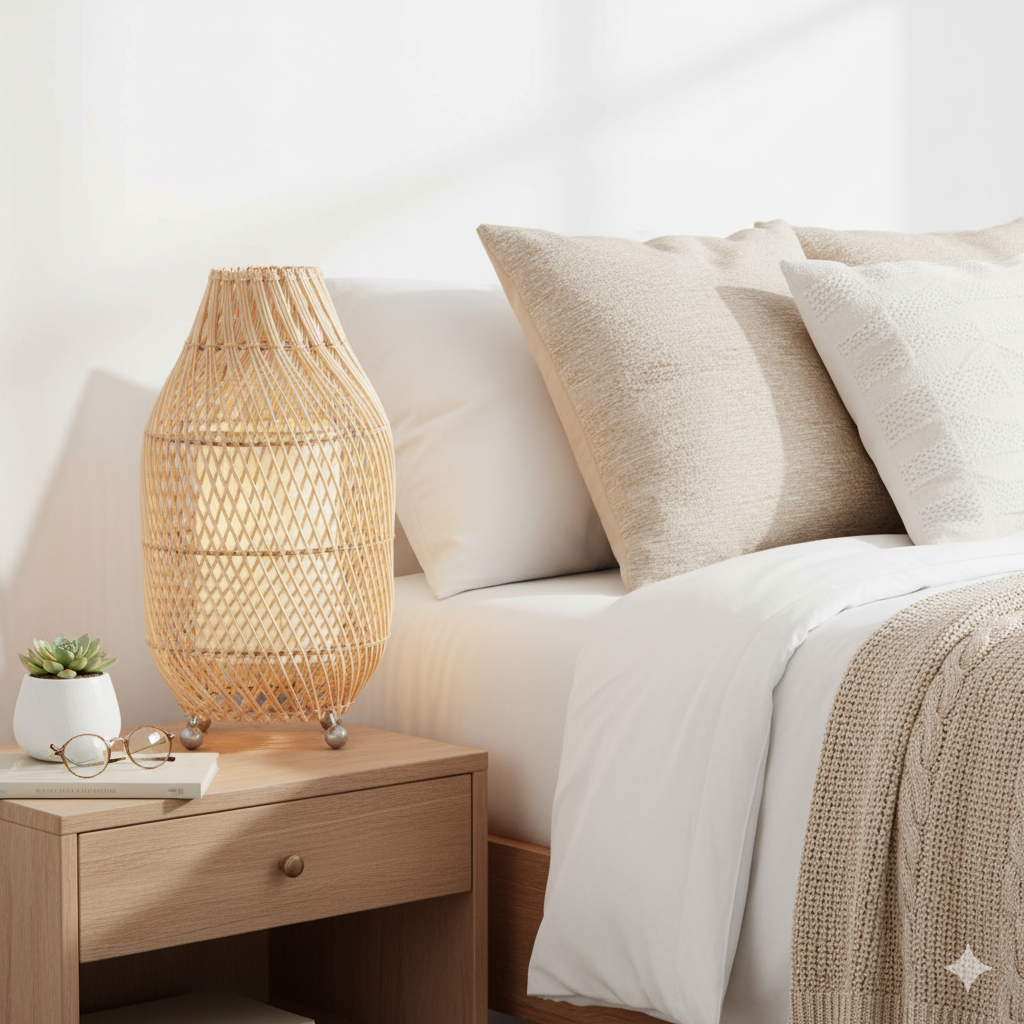 Woven lamp on a nightstand next to a bed with beige pillows and a blanket.