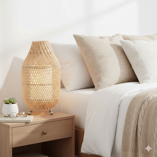 Woven lamp on a nightstand next to a bed with beige pillows and a blanket.