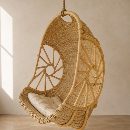 A natural woven rattan hanging egg chair with a cream cushion, suspended by a rope in a minimalist room with warm sunlight and a textured beige wall.