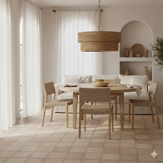 Dining room with wooden table and chairs, wicker pendant light, and white curtains.
