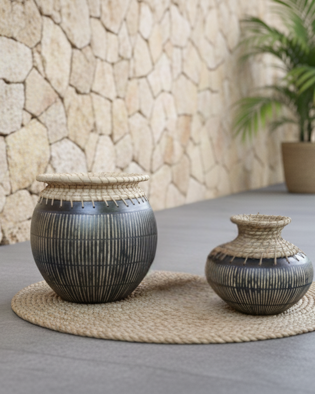 Jaylani Handcrafted Terracotta Vase with Woven Details – Artisanal Decorative Accent