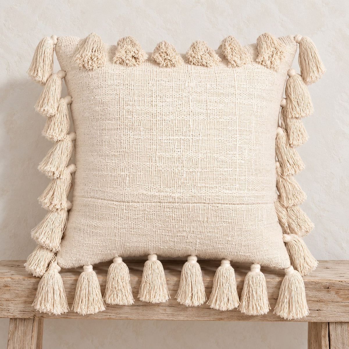 Joshua Handmade Organic Cotton Tassel Pillow Cover – Natural