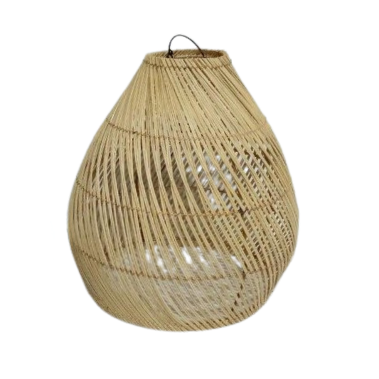 Woven natural fiber pendant light on a white background