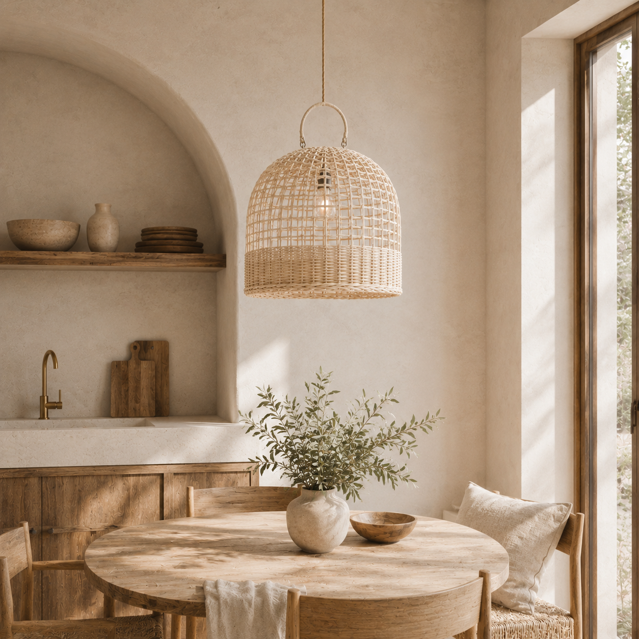 Nestled kitchen with a wooden dining table, wicker pendant light, and natural decor.
