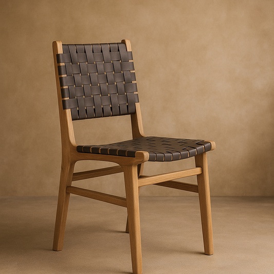 Wooden chair with woven backrest and seat on a beige background