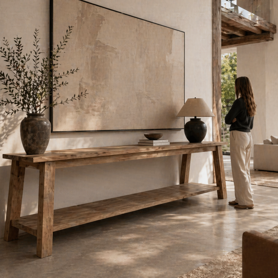 Living room with wooden console table, large TV, and a person standing in the background.