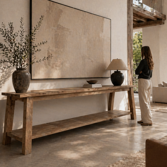Living room with wooden console table, large TV, and a person standing in the background.
