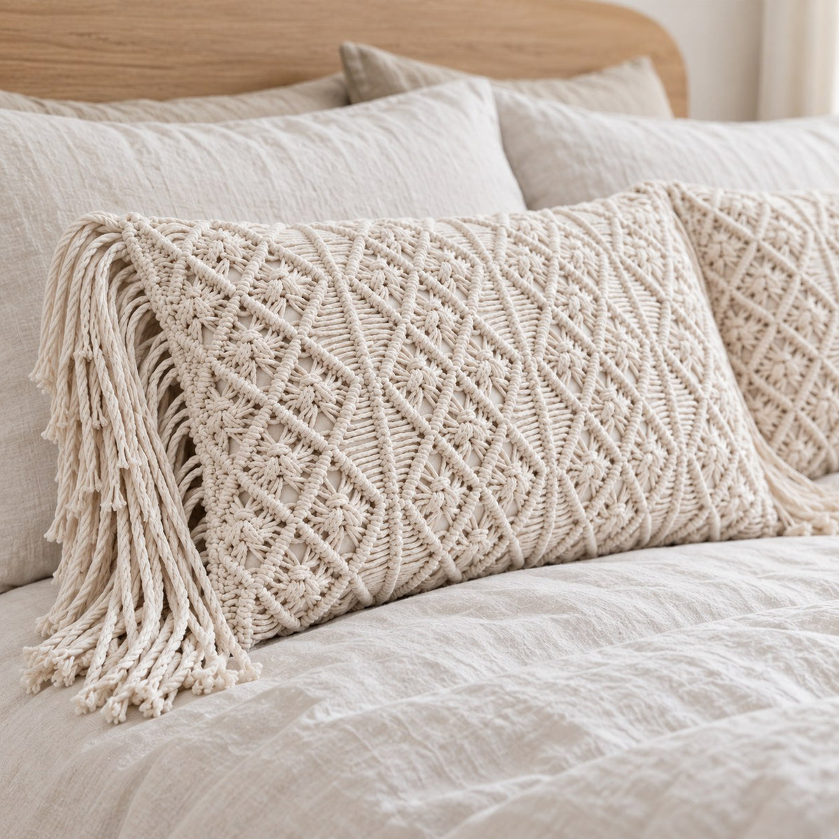 Luxe Lotus Handmade Cotton Macrame Lumbar Pillow Cover – Natural