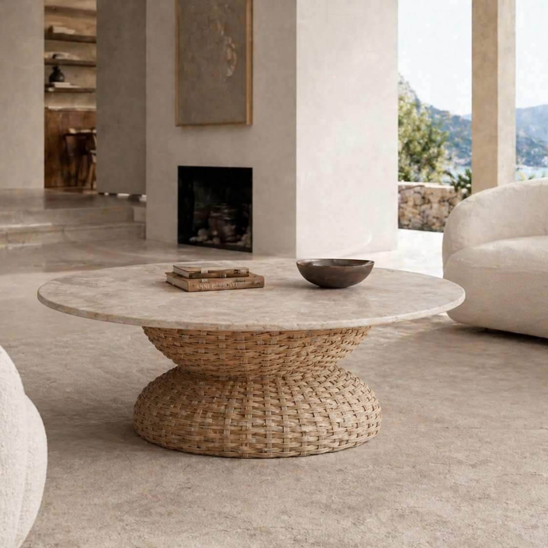 Round stone coffee table in a modern living room with neutral decor.