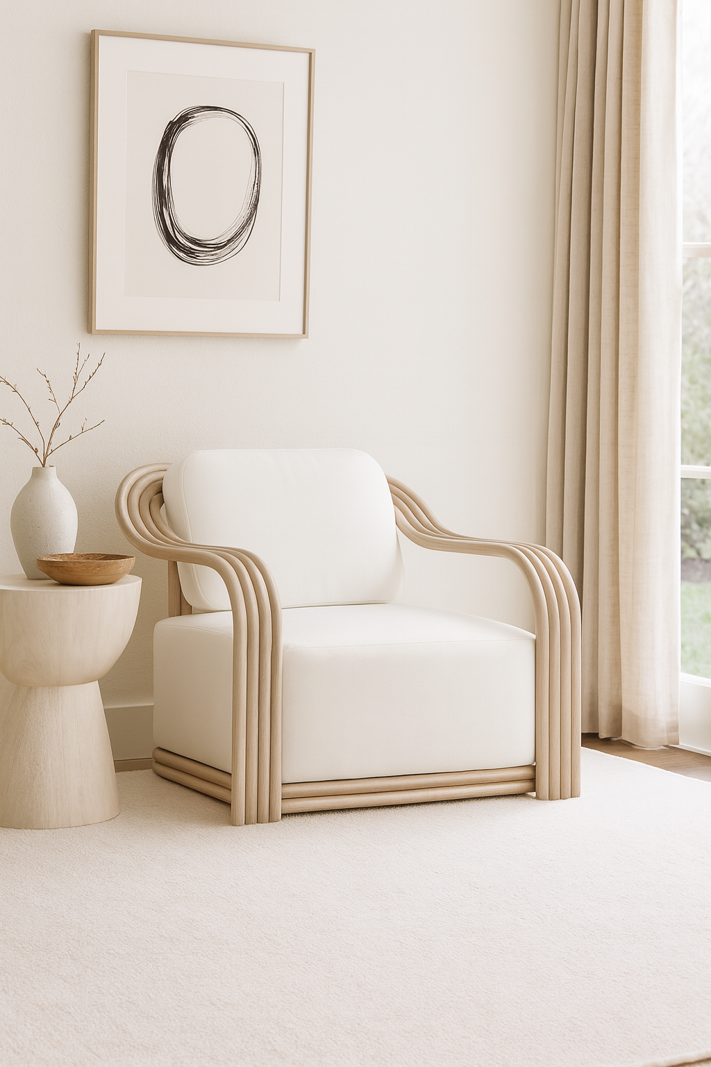 Modern white armchair in a minimalistic room with a abstract painting on the wall.