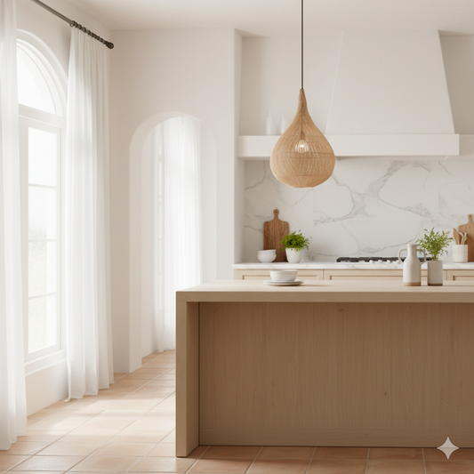 Modern kitchen with wooden island and pendant light