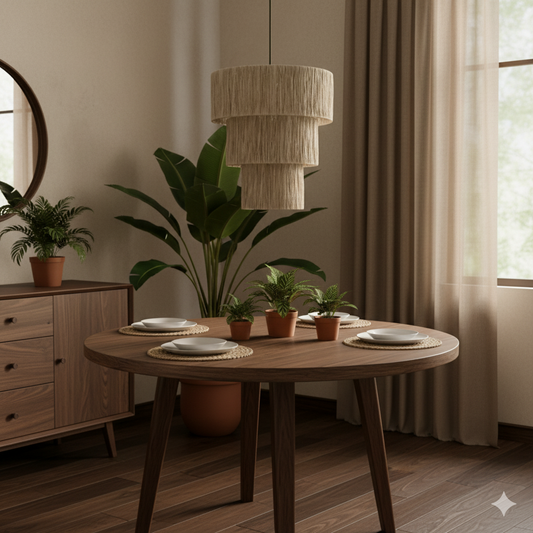 Dining room with wooden table, potted plants, and layered pendant light.