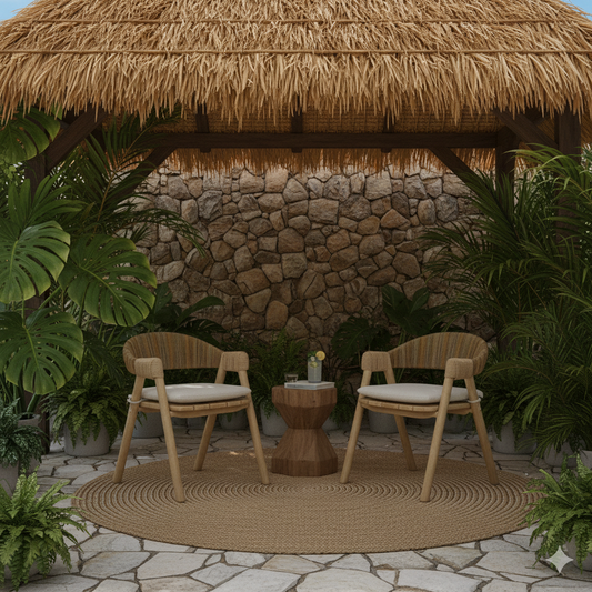 Two wooden chairs with white cushions under a thatched roof structure with stone walls and plants.