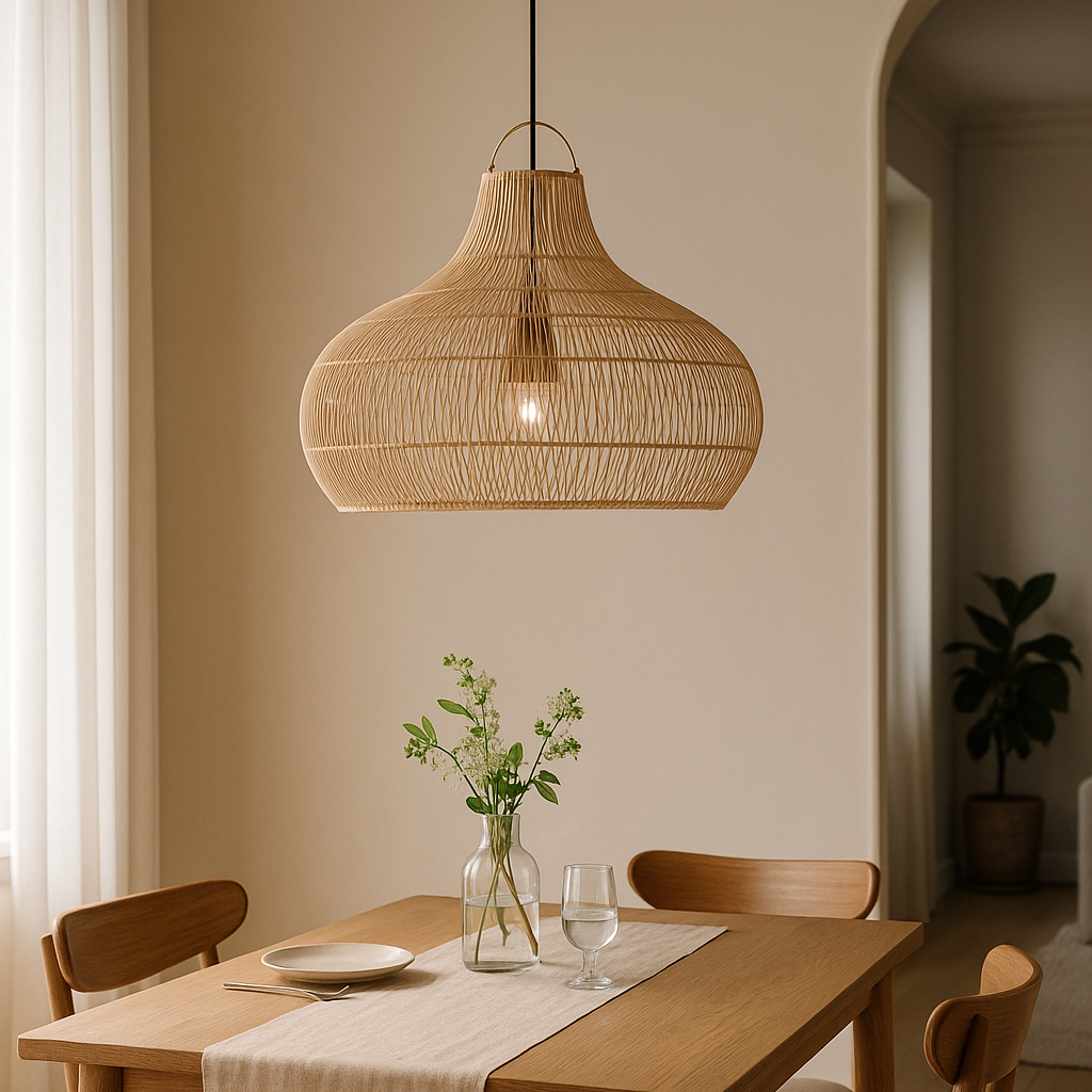 Dining room with wooden table, chairs, and a woven pendant light.