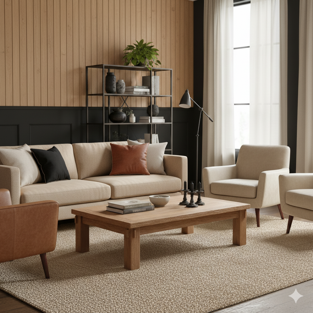 Modern living room with beige sofa, armchair, and wooden coffee table.