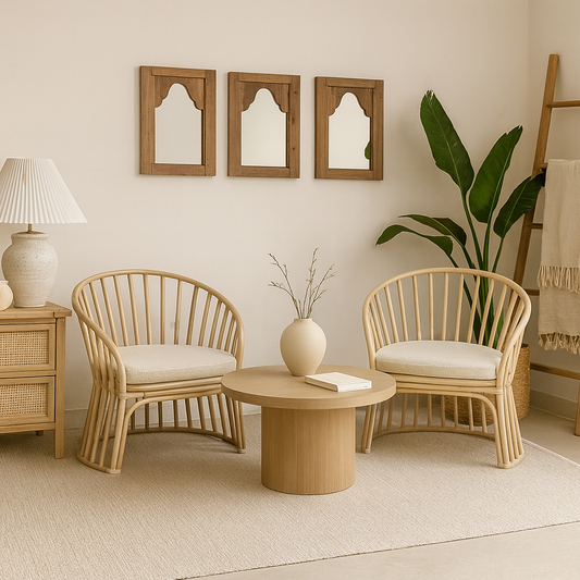 Nautical-themed room with wooden chairs, table, and decor elements.