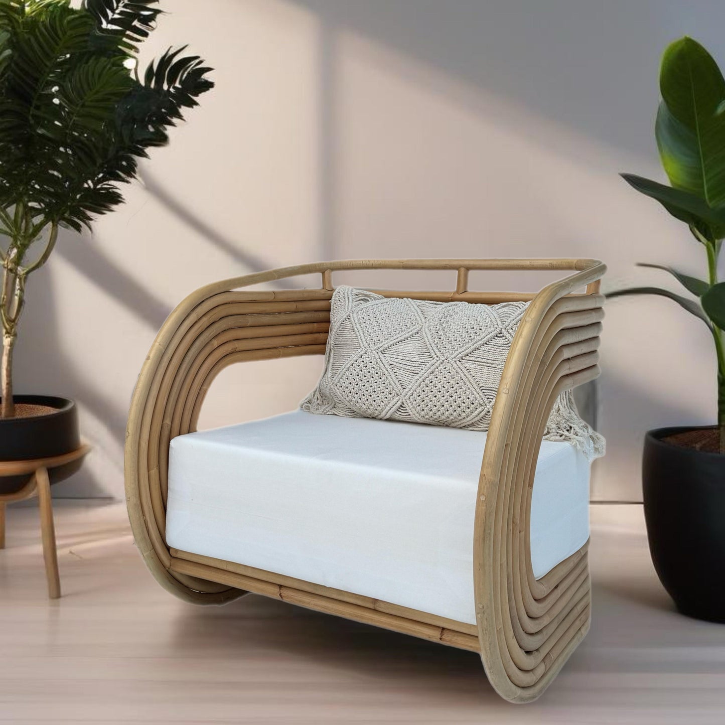 A beige rattan chair with a cushion and a decorative pillow, placed in a room with a light interior, surrounded by plants.