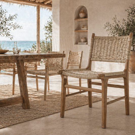 Dining area with wooden table and chairs by a window with a view of the ocean.