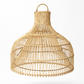 Woven rattan pendant light on a white background