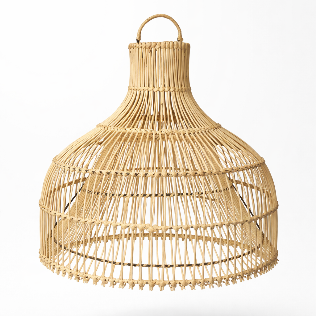 Woven rattan pendant light on a white background