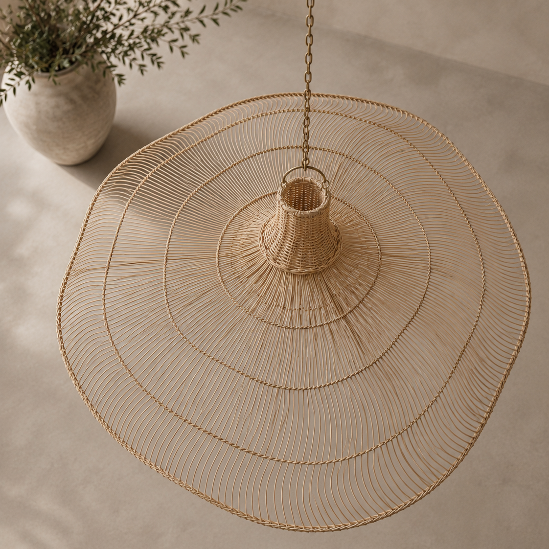 A large bohemian-style woven pendant light made of natural tan raffia or wicker, suspended by a chain from a neutral-toned ceiling in a minimalist room setting with a potted plant in the background.