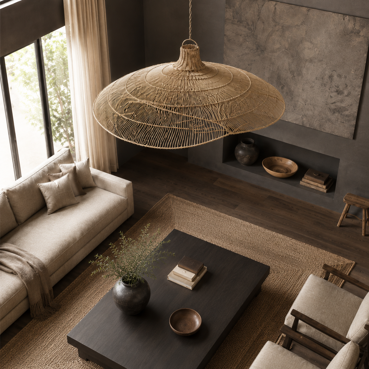 A large woven wicker pendant light hangs over a modern living room with a beige sofa, dark wood coffee table, and textured gray walls.