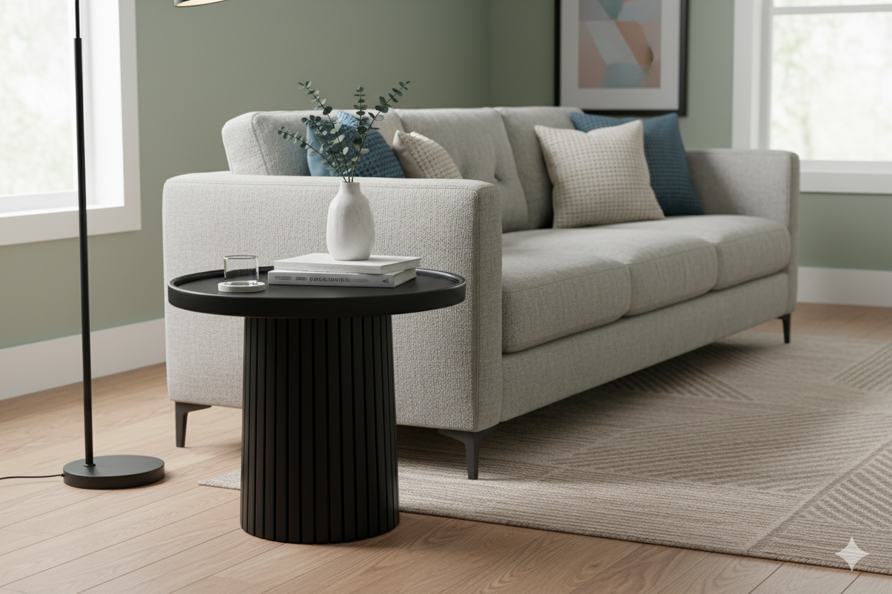 Gray sofa in a living room with a black side table and decorative items.