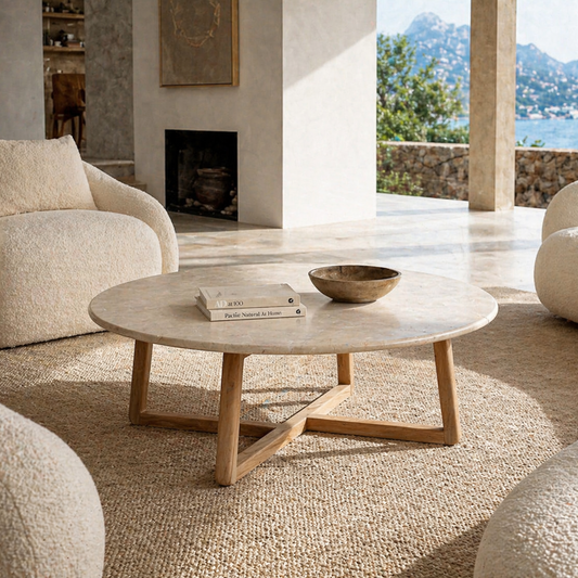 Modern living room with beige armchairs, a round wooden coffee table, and a scenic view.