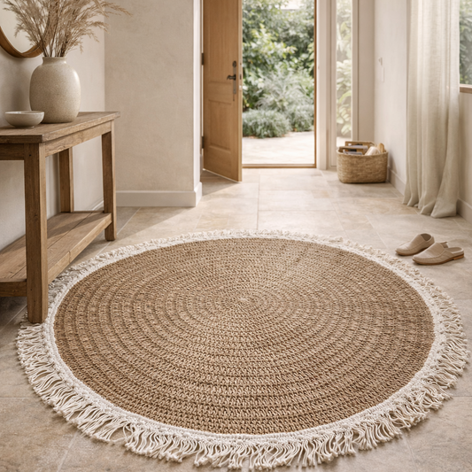 Round braided rug with tassels on a tiled floor in a bright room with a door leading outside.