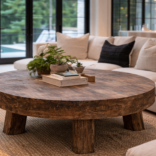 Round wooden coffee table in a living room with decor items on top