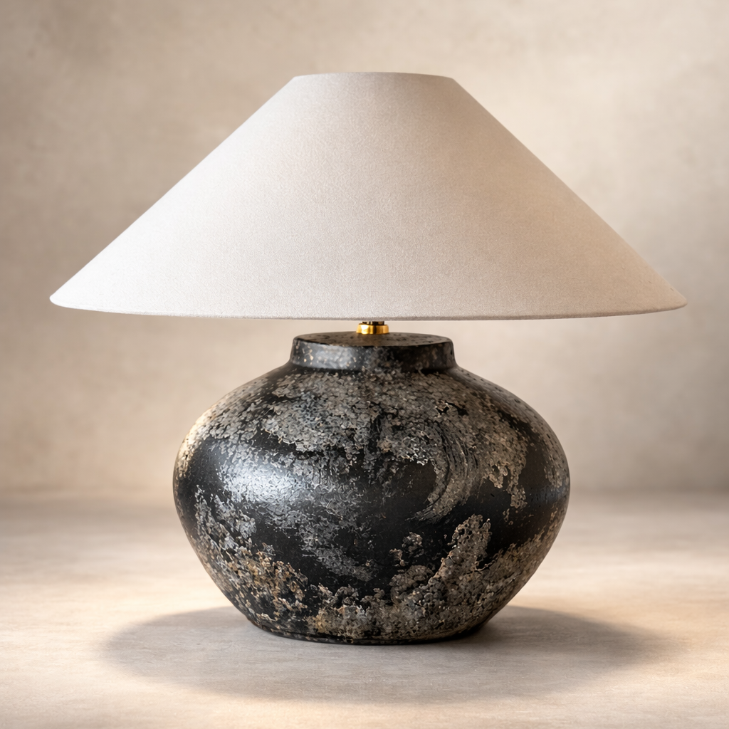 Table lamp with textured black base and white shade on a neutral background